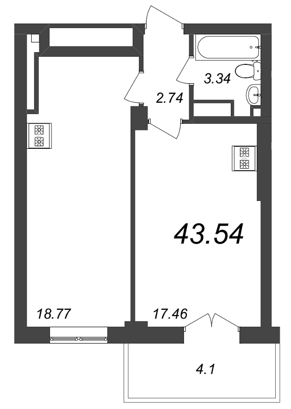 2 ккв (Евро) 44,1 м²