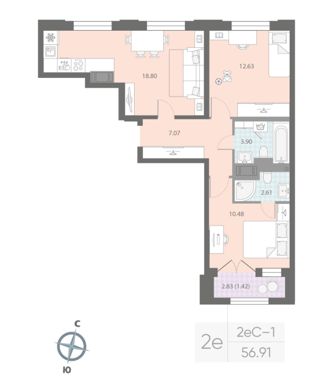 3 ккв (Евро) 56,9 м²