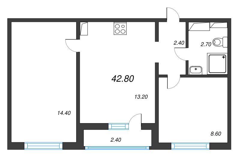 2 ккв 42,9 м²