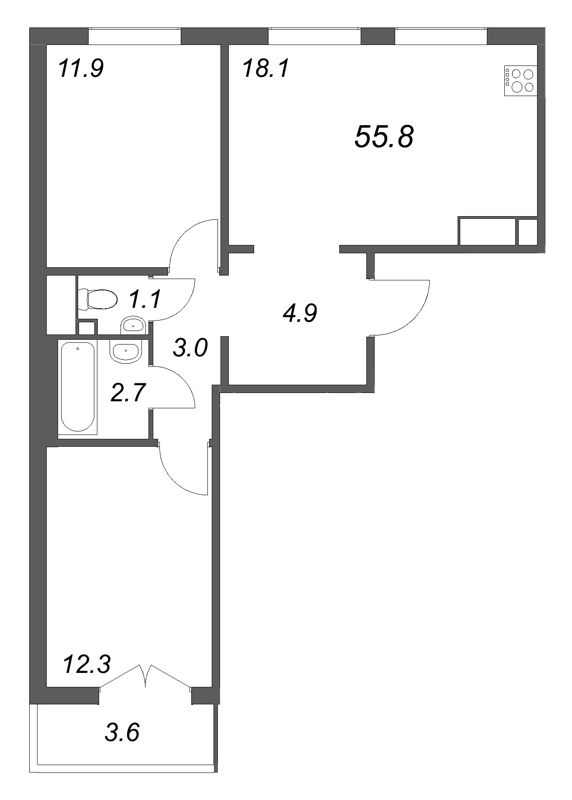 3 ккв (Евро) 55,8 м²