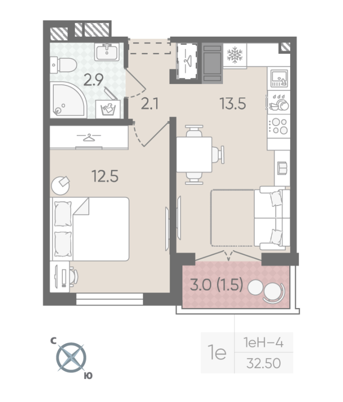 1 ккв 32,5 м²