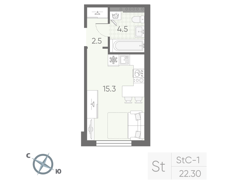 Студия 22,3 м²