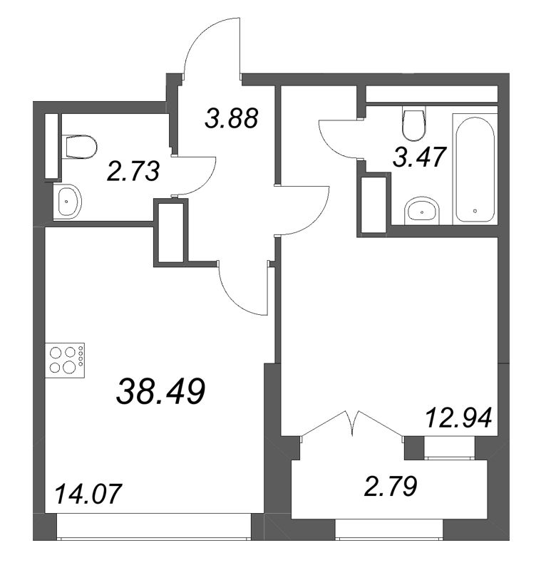 1 ккв 38,5 м²