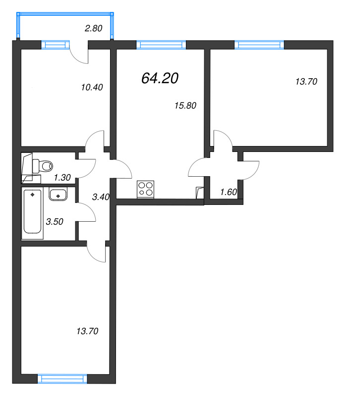4 ккв (Евро) 64,3 м²