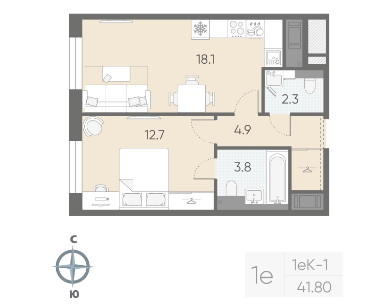 2 ккв (Евро) 41,8 м²
