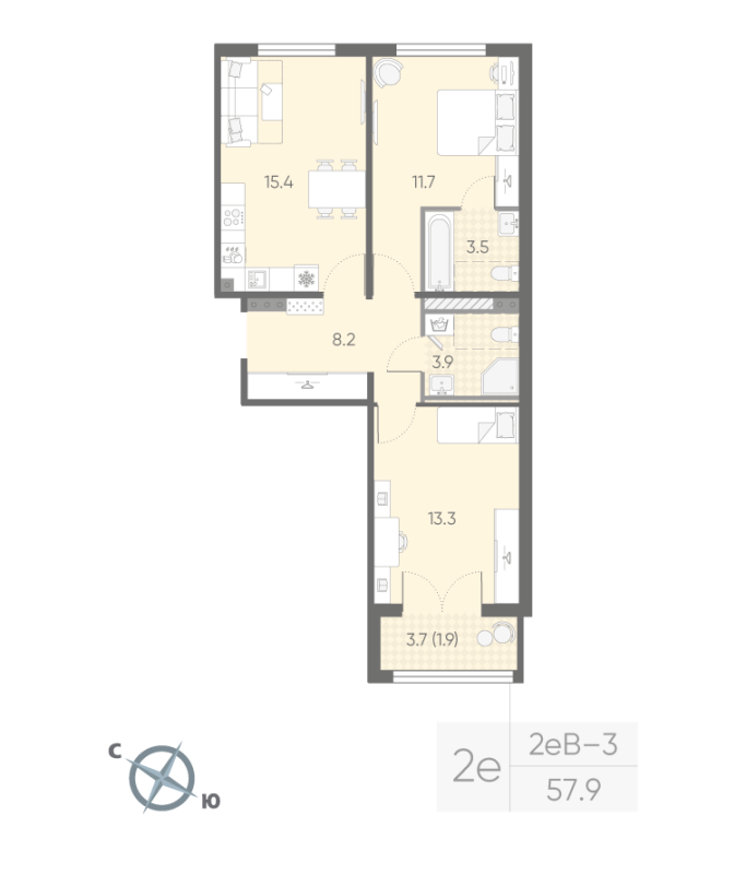 3 ккв (Евро) 57,9 м²
