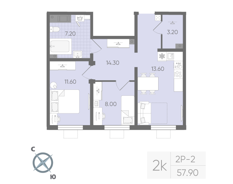 2 ккв 56,8 м²