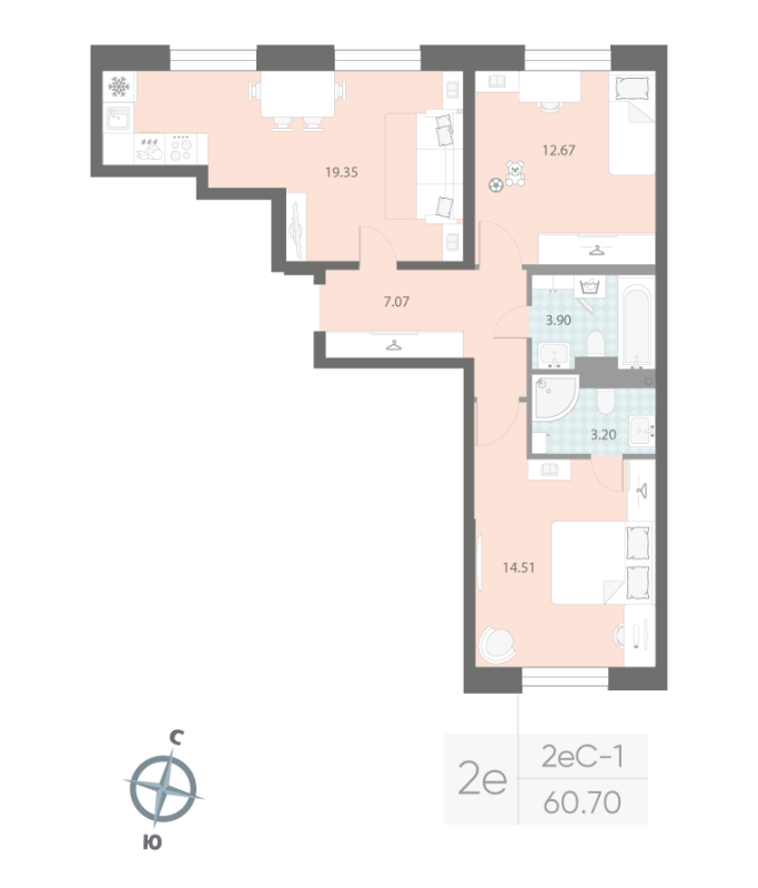 3 ккв (Евро) 60,7 м²