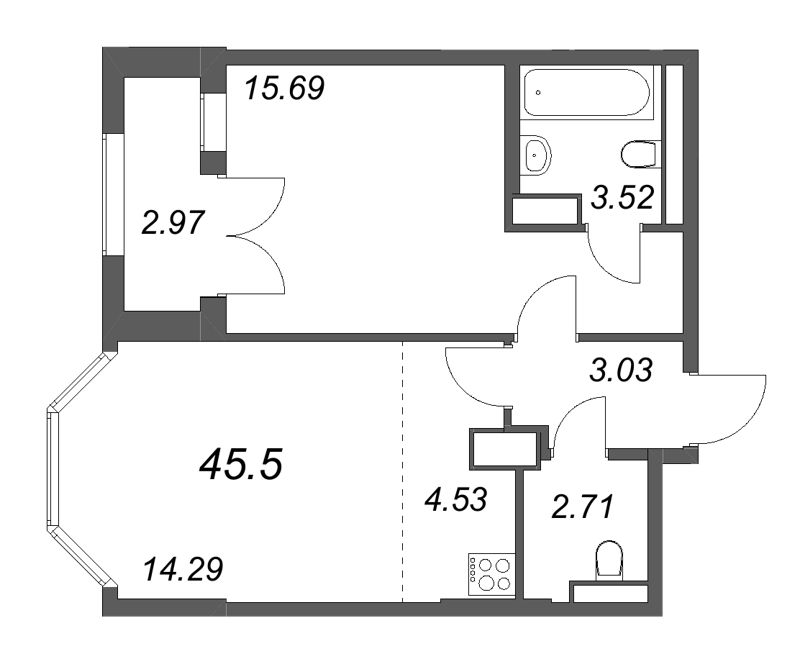 2 ккв (Евро) 45,5 м²