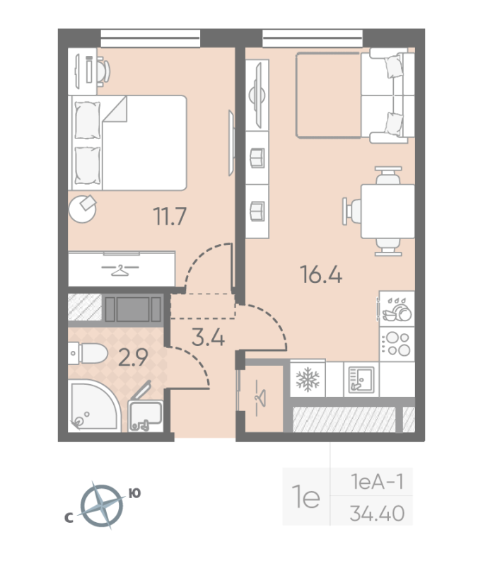2 ккв (Евро) 34,4 м²