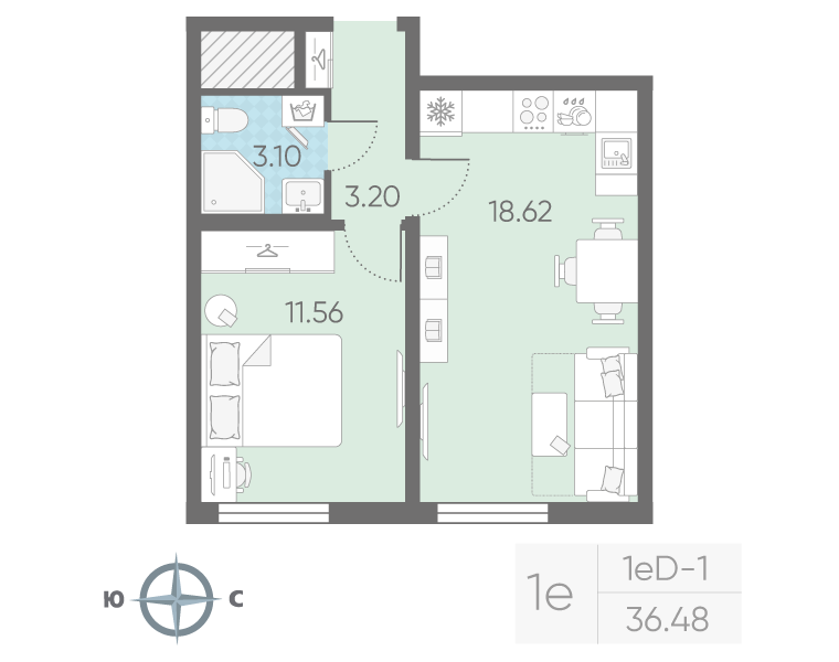 2 ккв (Евро) 36,5 м²