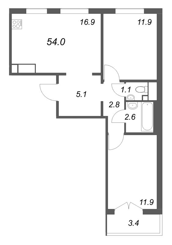 3 ккв (Евро) 54 м²