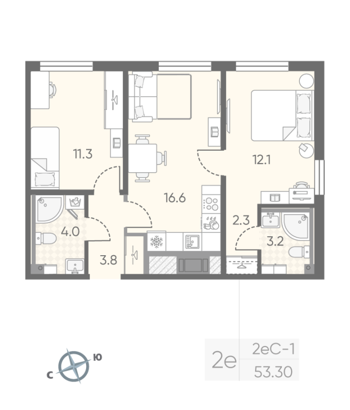 3 ккв (Евро) 53,3 м²