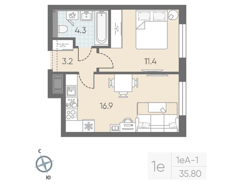 2 ккв (Евро) 35,8 м²