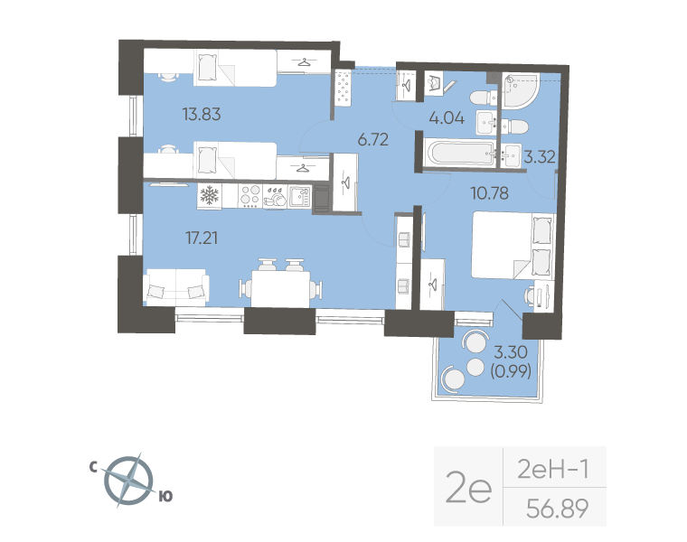 3 ккв (Евро) 56,9 м²