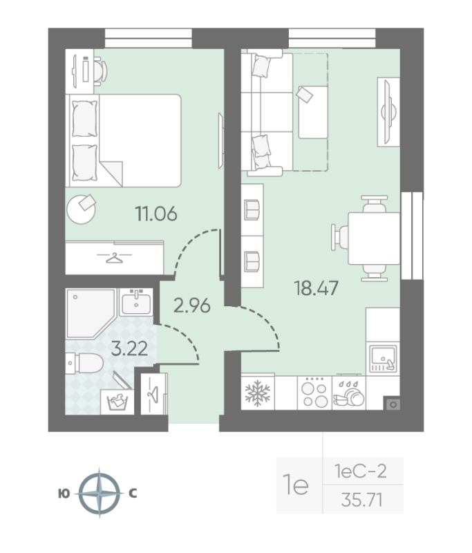 2 ккв (Евро) 35,8 м²