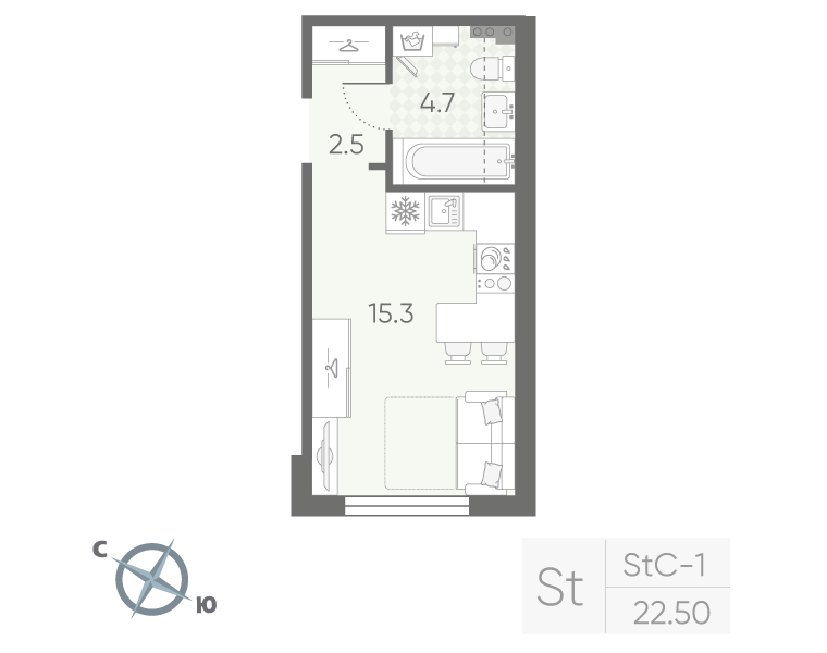 Студия 22,5 м²