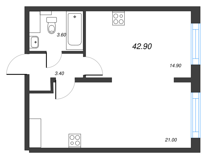 2 ккв (Евро) 42,9 м²