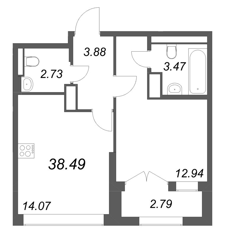 1 ккв 38,5 м²