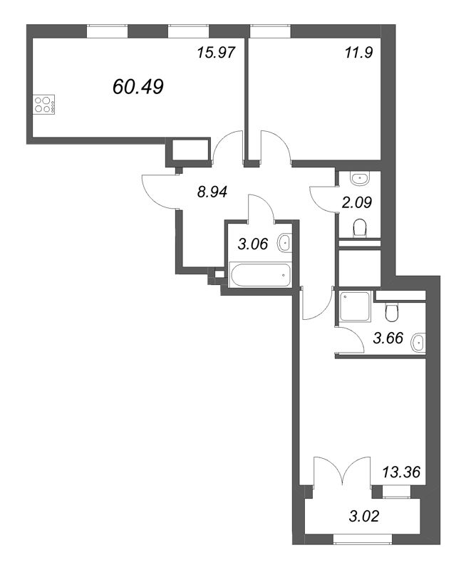 3 ккв (Евро) 60,5 м²