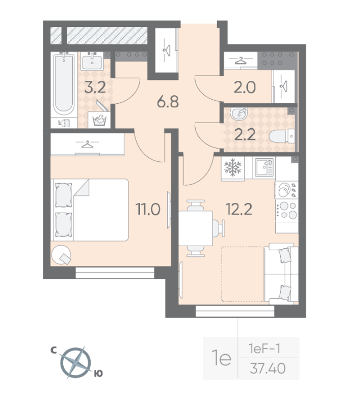 1 ккв 37,4 м²