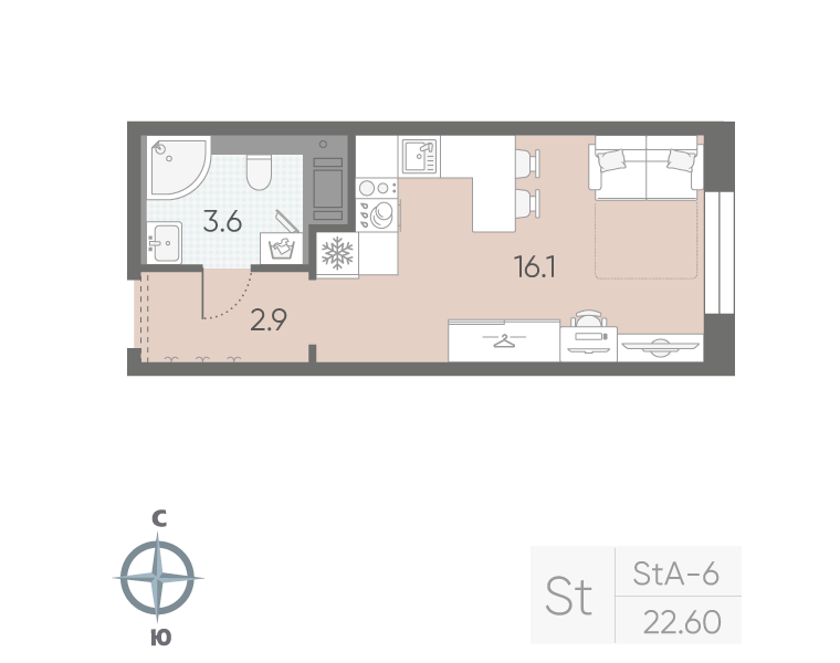Студия 22,6 м²