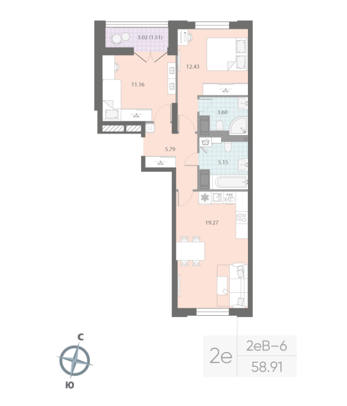 3 ккв (Евро) 58,9 м²