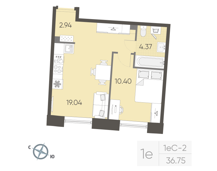 2 ккв (Евро) 36,8 м²