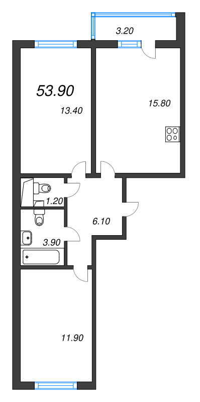 3 ккв (Евро) 53,9 м²