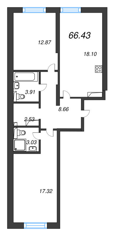 3 ккв (Евро) 66,4 м²