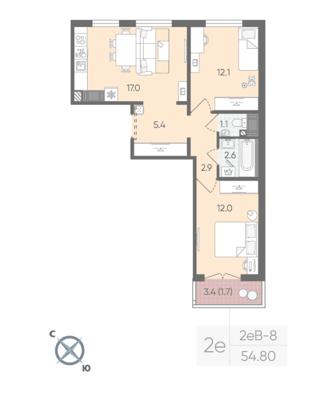 3 ккв (Евро) 54,8 м²