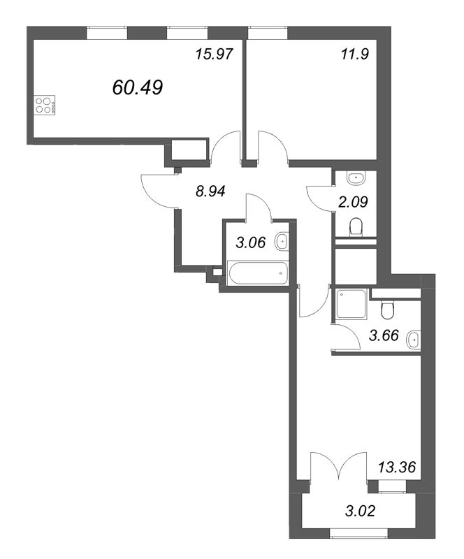 3 ккв (Евро) 60,5 м²