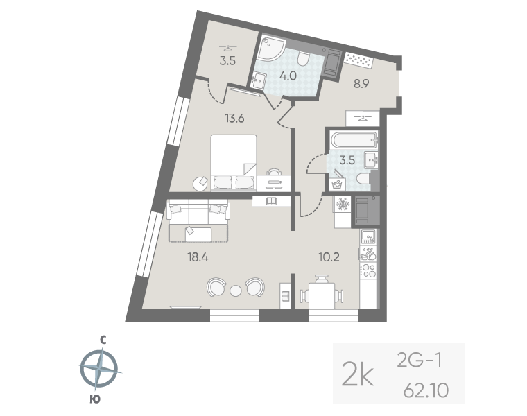 2 ккв (Евро) 62,1 м²