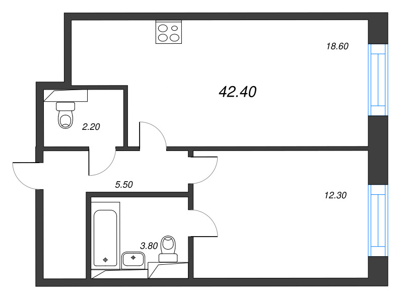 2 ккв (Евро) 42,4 м²