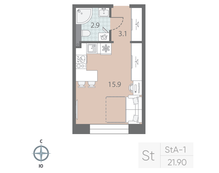 Студия 21,9 м²