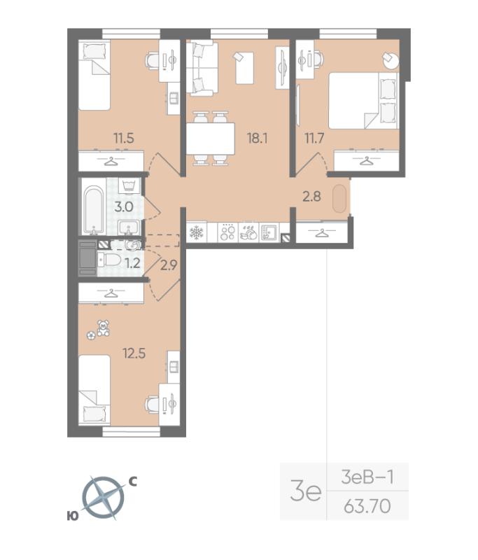 4 ккв (Евро) 63,7 м²
