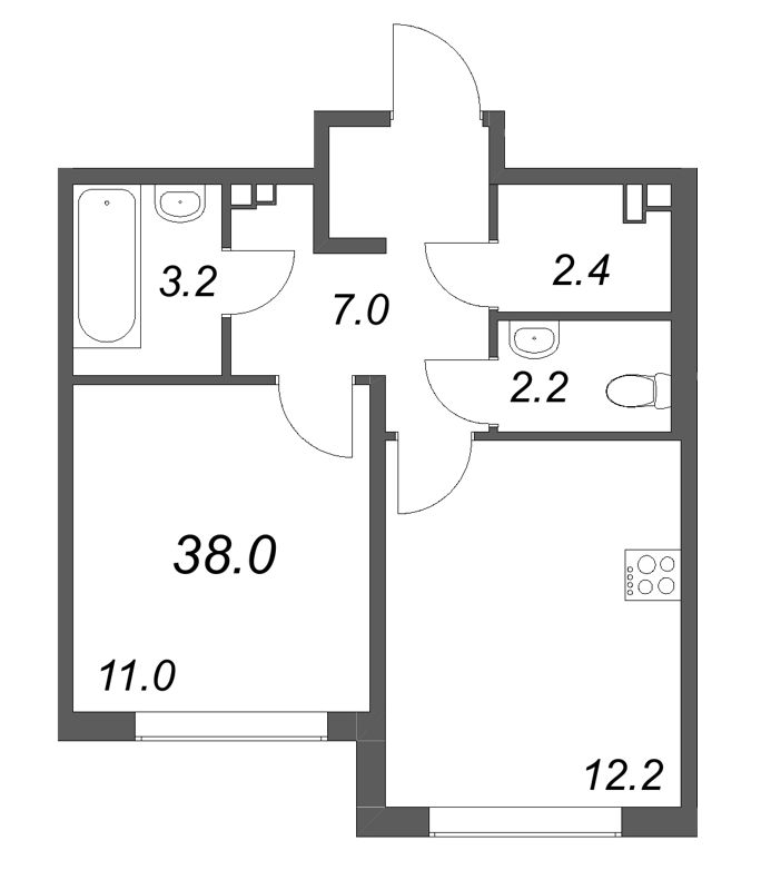 1 ккв 38 м²