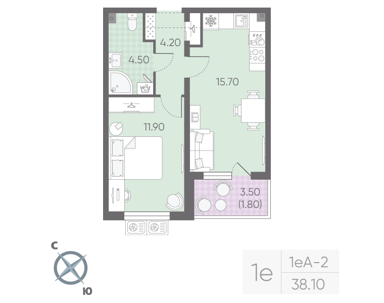 2 ккв (Евро) 38,1 м²