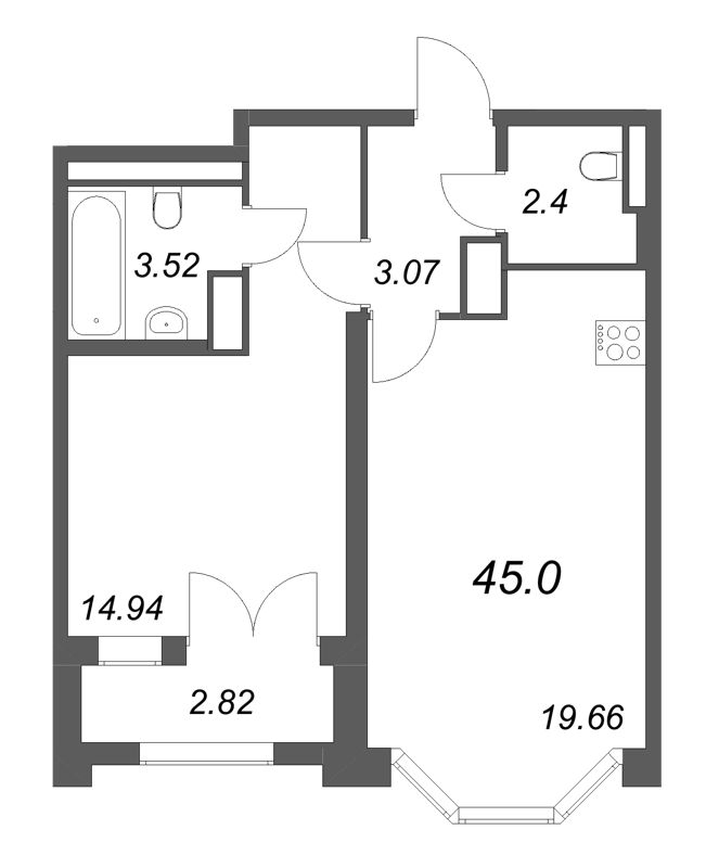 2 ккв (Евро) 45 м²
