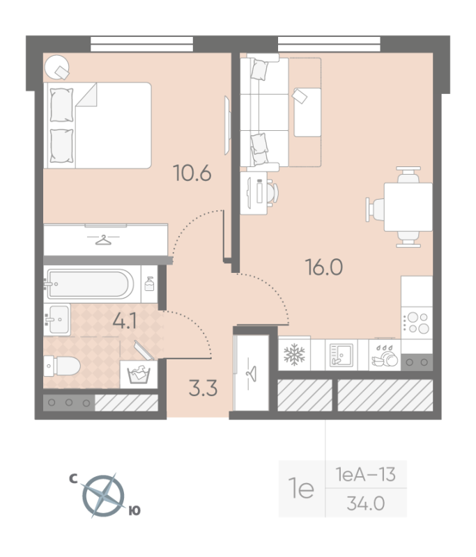 2 ккв (Евро) 34 м²