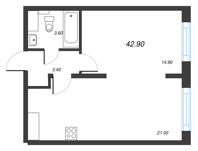 2 ккв (Евро) 42,9 м²