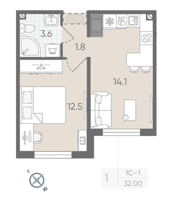 1 ккв 32 м²