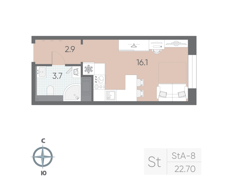 Студия 22,7 м²