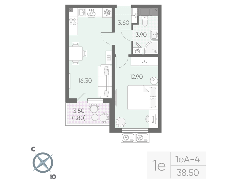2 ккв (Евро) 38,5 м²