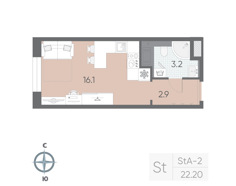 Студия 22,2 м²