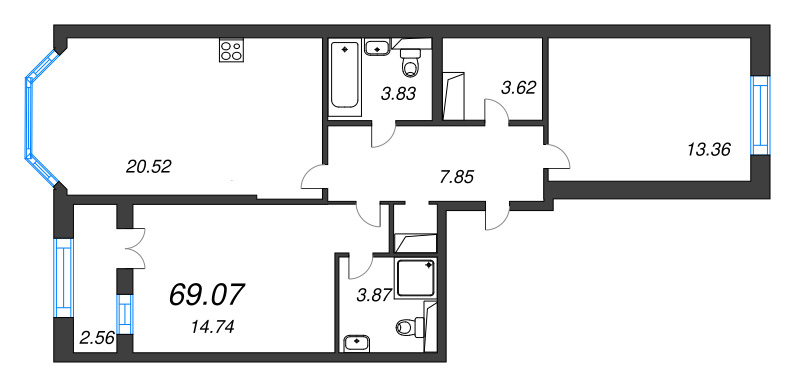 3 ккв (Евро) 69,1 м²