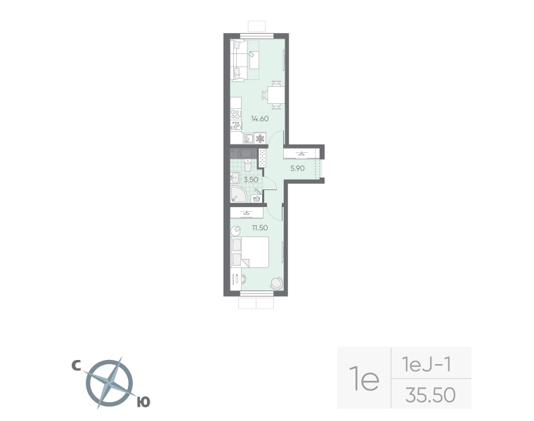 1 ккв 35,5 м²