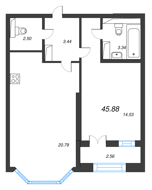 2 ккв (Евро) 45,9 м²
