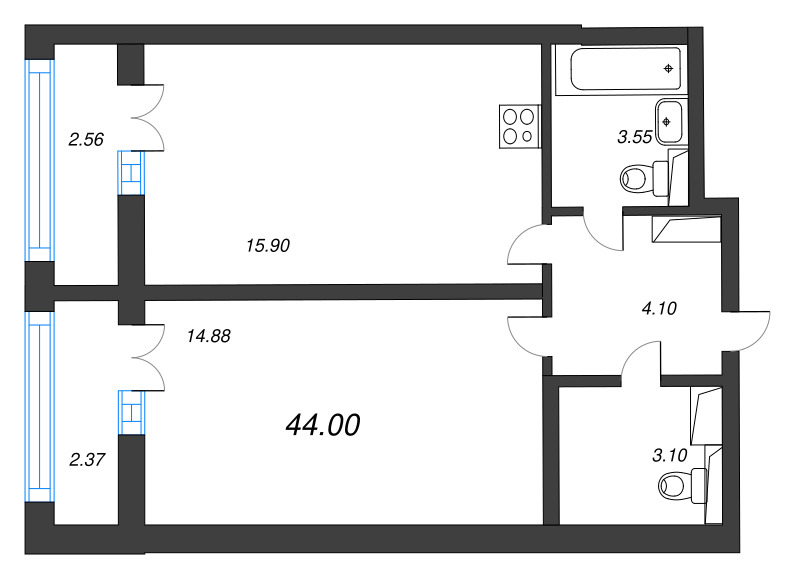 2 ккв (Евро) 44 м²
