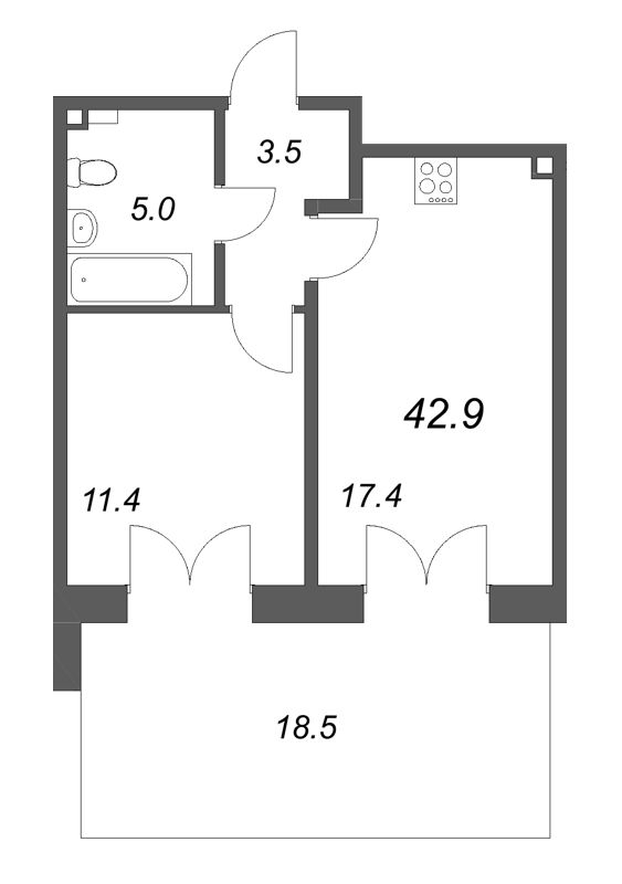 2 ккв (Евро) 42,9 м²